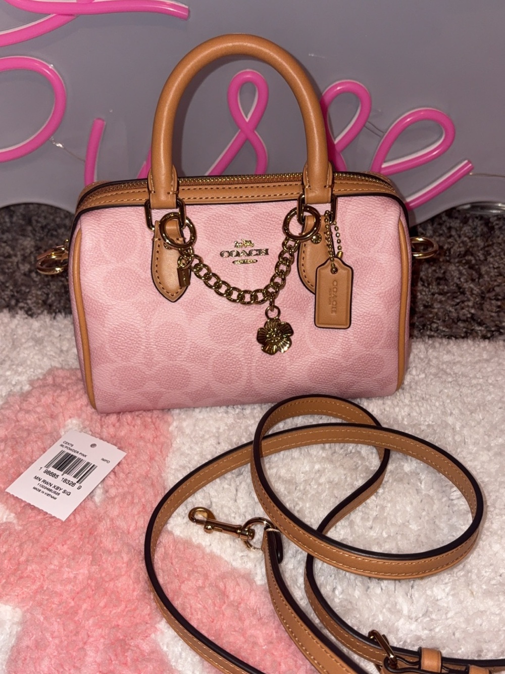 Coach Pink Mini Satchel with Tan Trim and Gold Hardware IN RARE POWDER PINK